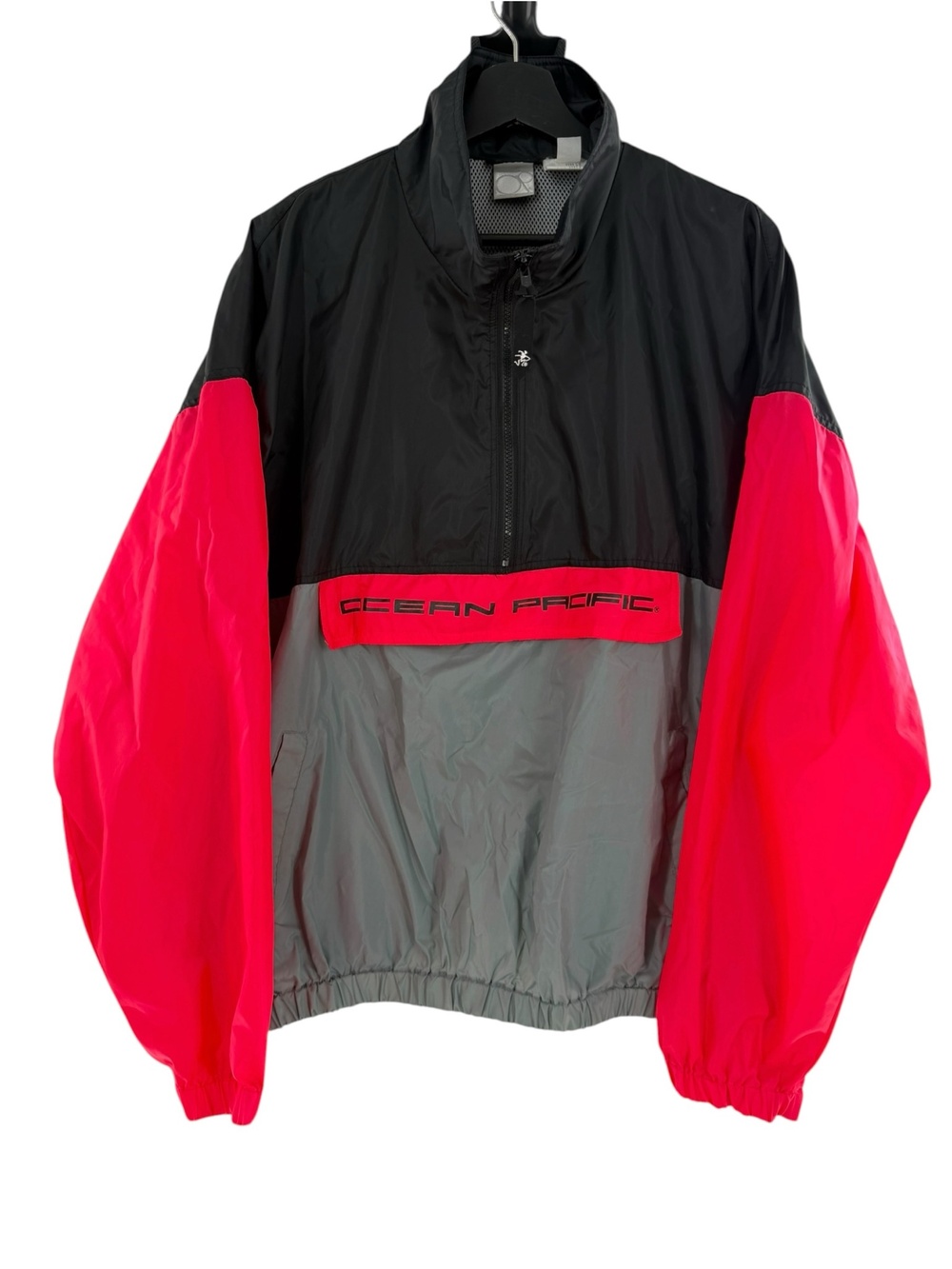 Vtg Ocean Pacific Windbreaker Pullover Jacket Mens XL Black Red Gray Spell Out